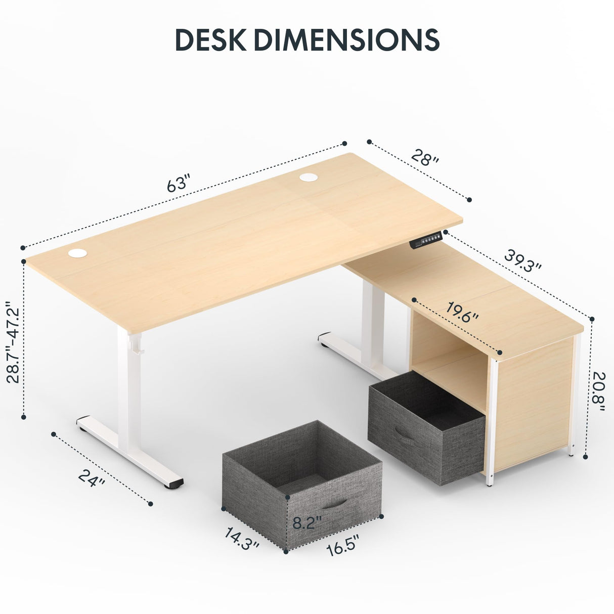 FLEXISPOT 63'' L Shaped Standing Desk with Drawers, Adjustable Height Desk with Shelves, Large Corner Stand Up Desk with Headphone Hooks for Home Office, Light Wood Grain Top+ White Frame FLEXISPOT
