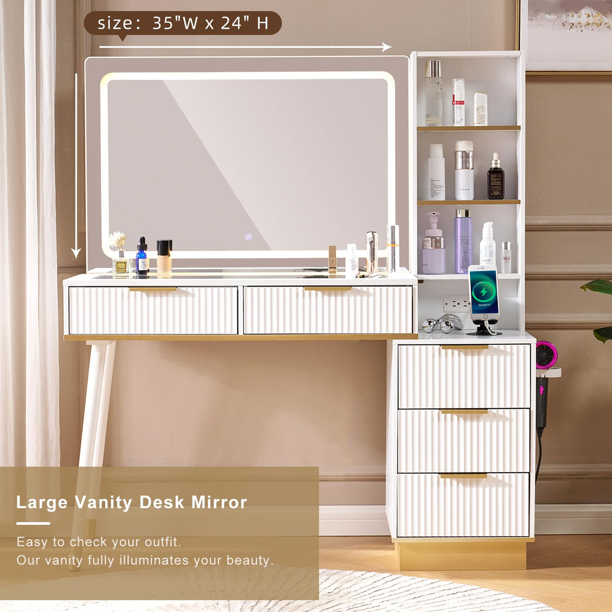LUXOAK 54" Tall Vanity Desk with 35" W x 24" H Large Mirror and Lights, Large Makeup Vanity Table with 5 Drawers, 3 Shelves and Charging Station, Glass Top Desk for Dressing Room, Bedroom, White LUXOAK