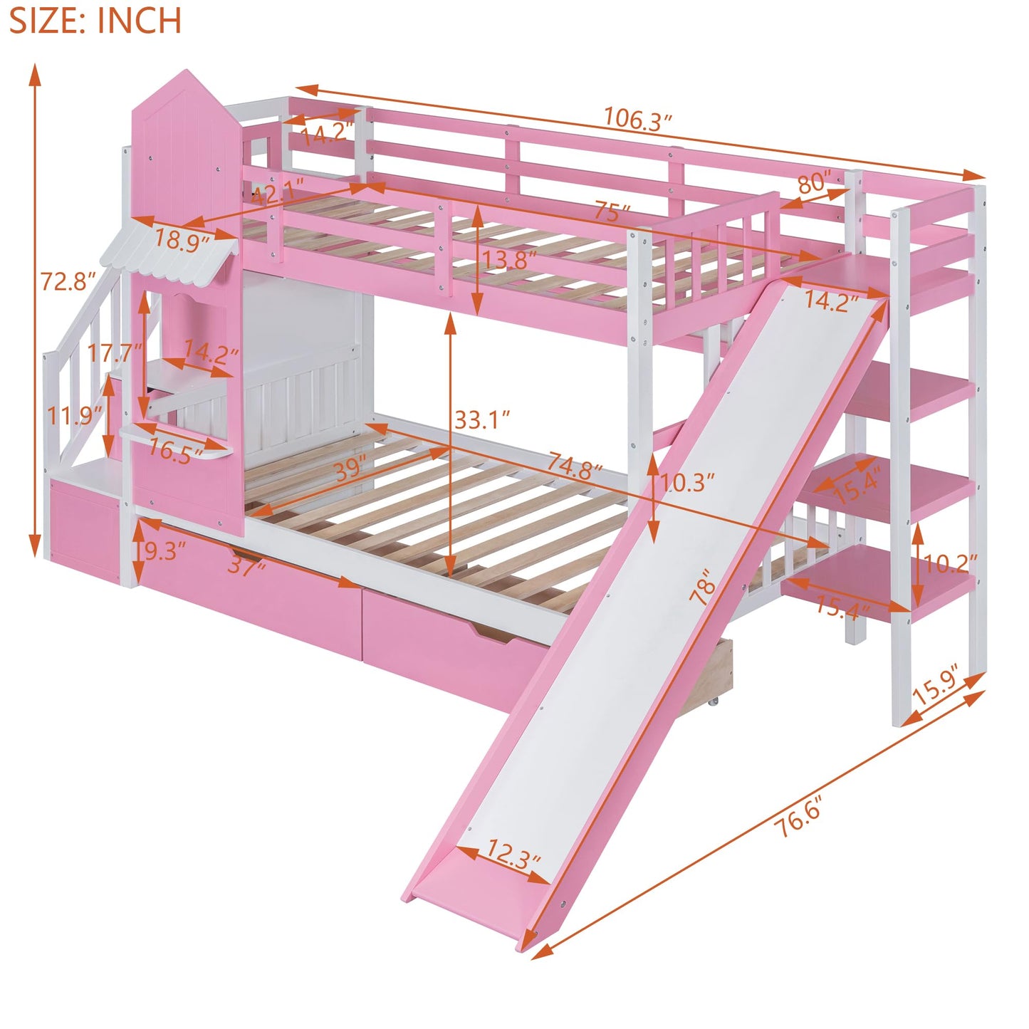 Harper & Bright Designs Twin Over Twin Bunk Bed with Stairs & Slide, Castle Style Bunk Beds with Storage Drawers and Shelves, Wooden Bunk Bed Frame for Kids, Teens, Boys & Girls (Pink)