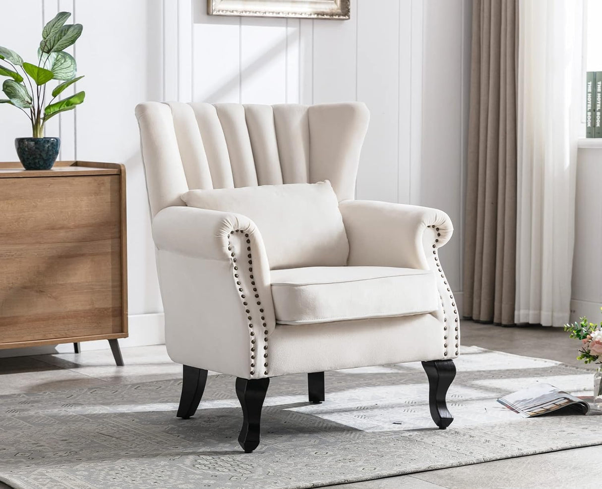 Kmax Cream Accent Chair Velvet Wingback Chair with Pillow Nail-Head Channel Tufted Oversized Club Chair for Living Room Bedroom Guest Room Kmax