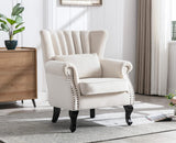 Kmax Cream Accent Chair Velvet Wingback Chair with Pillow Nail-Head Channel Tufted Oversized Club Chair for Living Room Bedroom Guest Room Kmax