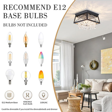Crystal Flush Mount Ceiling Light, 11.8 inch 4-Light Black Farmhouse Lighting Metal Ceiling Light, Modern Trapezoid Hallway Light Fixtures Ceiling Mount for Bedroom Kitchen Laundry Entryway Foyer Ejerlya