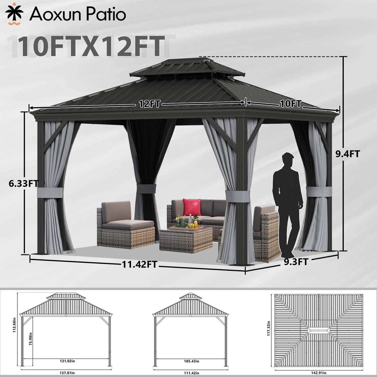 Aoxun 10' x 12' Hardtop Gazebo, Galvanized Steel Dual-Layer Roof, Permanent Aluminum Gazebo, Outdoor Metal Pergolas with Curtains and Netting, for Lawns, Parties, Gardens, Decks, Patios Aoxun