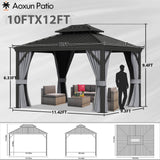 Aoxun 10' x 12' Hardtop Gazebo, Galvanized Steel Dual-Layer Roof, Permanent Aluminum Gazebo, Outdoor Metal Pergolas with Curtains and Netting, for Lawns, Parties, Gardens, Decks, Patios Aoxun