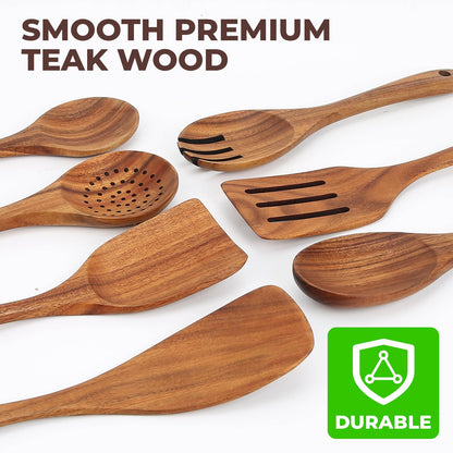 Wooden Spoons for Cooking, Teak Wooden Kitchen Utensil Set for Nonstick Cookware, Durable Wooden Cooking Utensils Set with Holder and Spoon Rest (9 Pcs)