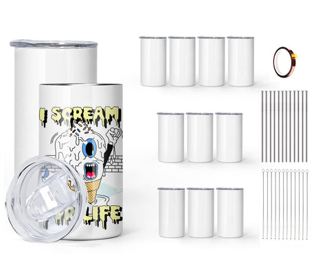 AGH 12 oz Sublimation Tumblers Blanks with Lids and Straws Stainless Steel Straight Skinny Tumblers for Kids Double Wall Vacuum Insulated Tumbler BPA-Free Great DIY Gift for Children 12 Pack AGH