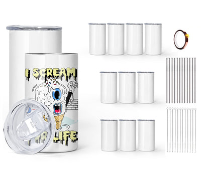 AGH 12 oz Sublimation Tumblers Blanks with Lids and Straws Stainless Steel Straight Skinny Tumblers for Kids Double Wall Vacuum Insulated Tumbler BPA-Free Great DIY Gift for Children 12 Pack