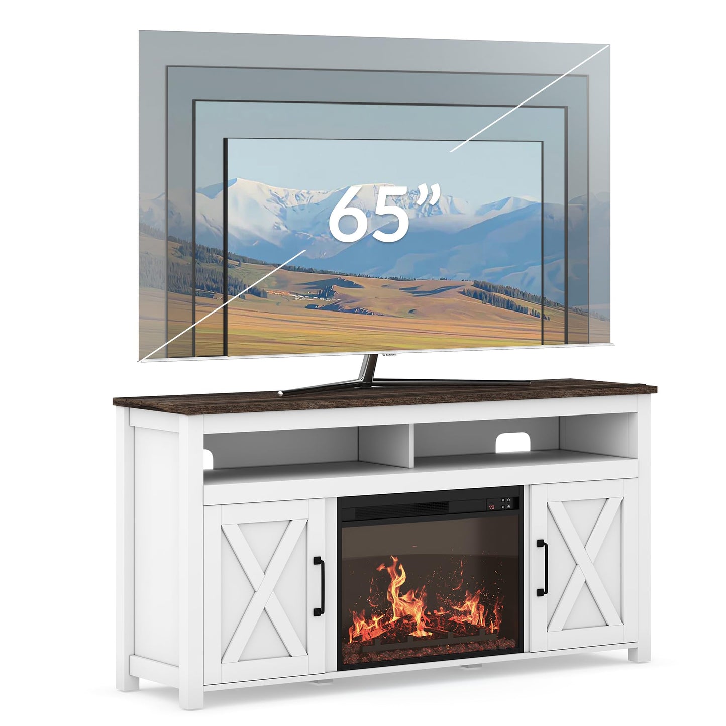 BELLEZE 58" Farmhouse Fireplace TV Stand for TVs up to 65", 23" Electric Fireplace Heater with Sound, Entertainment Center Media Console Table Barn Door Storage Cabinets for Living Room - White