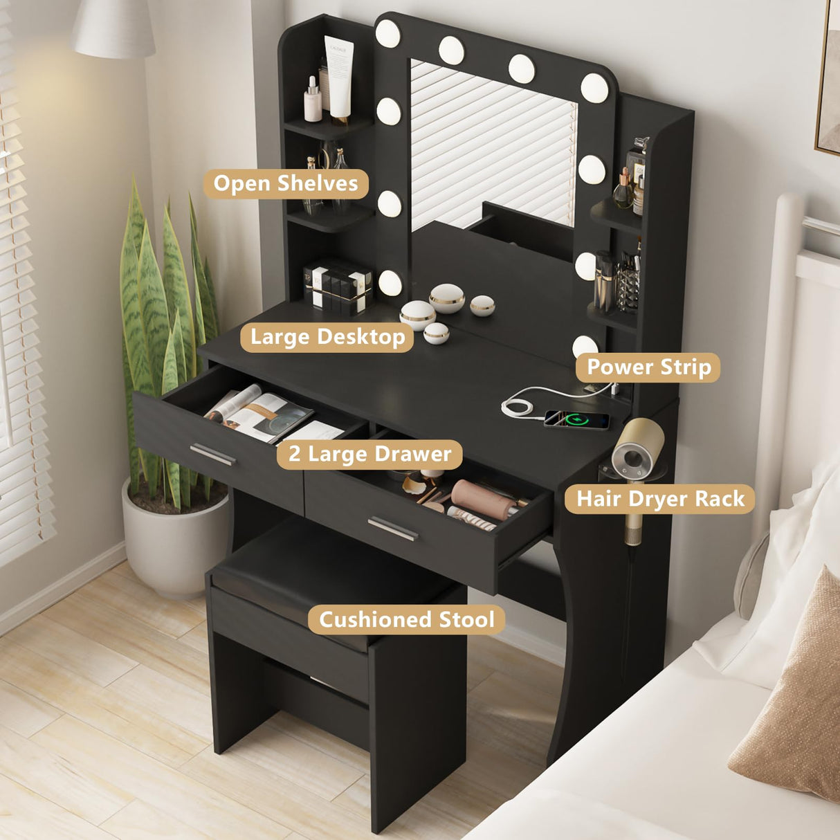 Vanity Desk with Lights,Makeup Vanity with Power Strip,Dressing Table Set with 2 Large Drawers,Vanity Mirror 3 Lighting Color Adjustable,Black Vabches