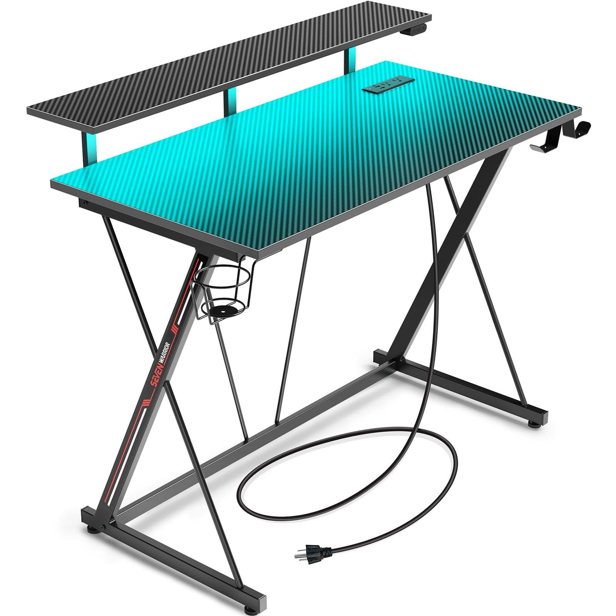 SEVEN WARRIOR Gaming Desk with LED Lights & Power Outlets, 31.5" Computer Desk with Monitor Shelf, Home Office Desk with Cup Holder and Headphone Hook, Ergonomic, Carbon Fiber Surface Black SEVEN WARRIOR