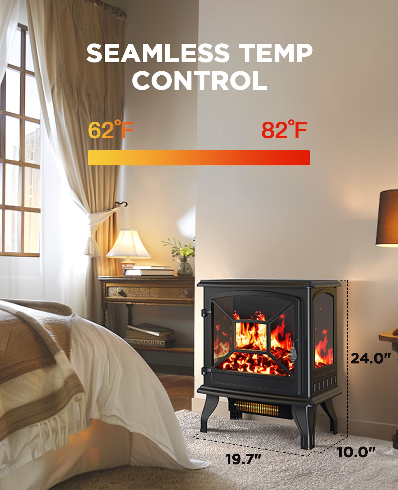 Silonn Electric Fireplace Heater, 5300 BTU Portable Fireplace with App & Remote,24-inch Low Noise Electric Fire Place with 5 Brightness Levels, Temp Control & Timer for Living Room, Bedroom, Black