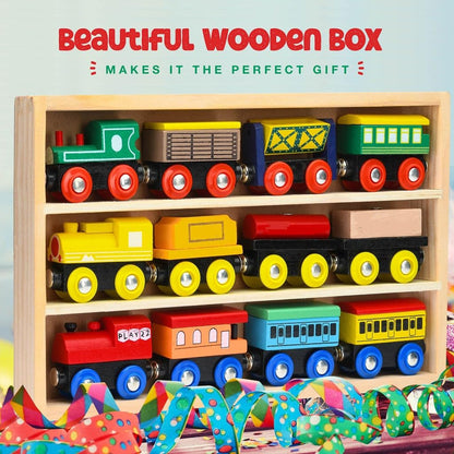 Wooden Train Set 12 PCS - Train Toys Magnetic Set Includes 3 Engines - Toy Train Sets For Kids Toddler Boys And Girls - Compatible With All Major