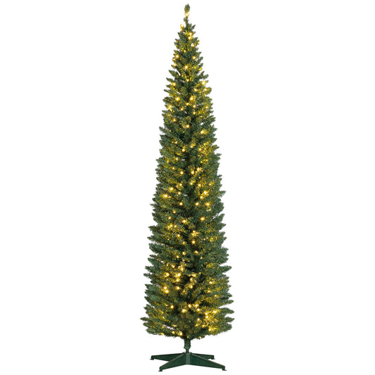 HOMCOM 8' Tall Pre-Lit Slim Noble Fir Artificial Christmas Tree with 300 Warm White LED Lights and 618 Tips, for Christmas Decoration, Green