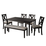 SIMTONAL Modern 6-Piece Dining Set with 4 Upholstered Chairs and Bench – Solid Wood Table Set for Kitchen or Dining Room, Black SIMTONAL