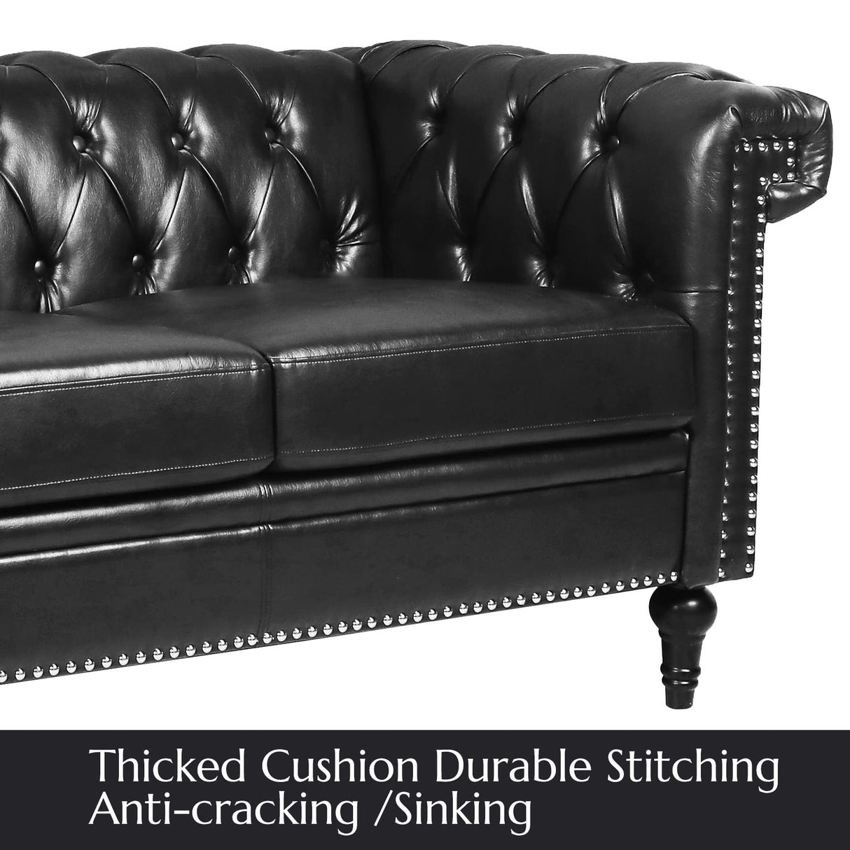 Vaztrlus Chesterfield Sofa Black Faux Leather Couches for Living Room, Deep Seat Comfy 3-Seater Oversized Couch Button Nailhead Tufted Classic Couches for Bedroom, Office Easy to Assemble Vaztrlus