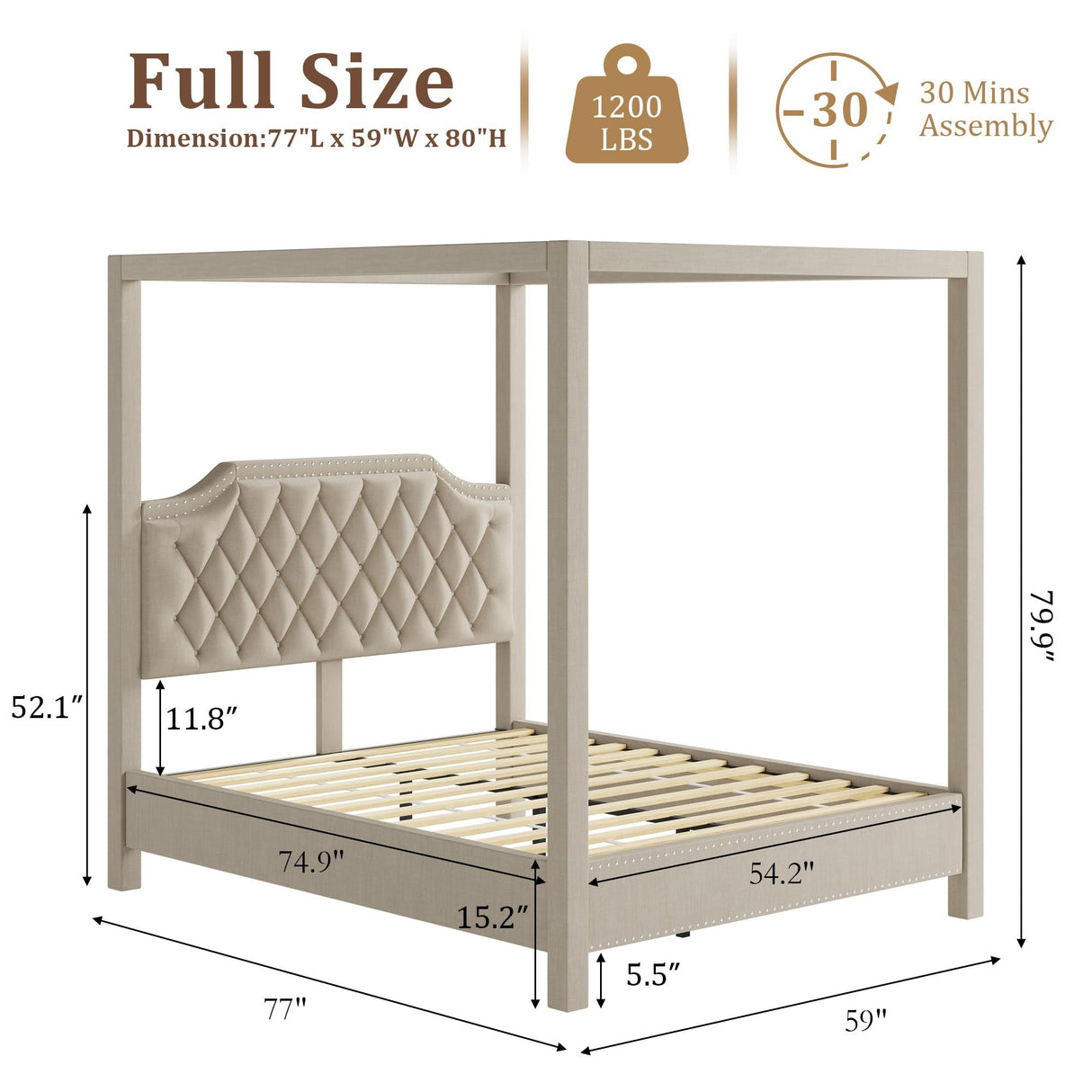 IDEALHOUSE Full Size Canopy Bed Frame with Nailhead Decoration Headboard，Upholstered Bed Frame with Poles 4 Corner Bed Bracket,Solid Wood Slats Support,No Box Spring Needed,Noise Free,Beige IDEALHOUSE