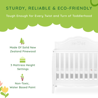 SweetPea Baby Rose 4-in-1 Convertible Mini Crib in White, JPMA Certified Baby Crib, Non-Toxic Finish, New Zealand Pinewood, with 3 Mattress Height Settings