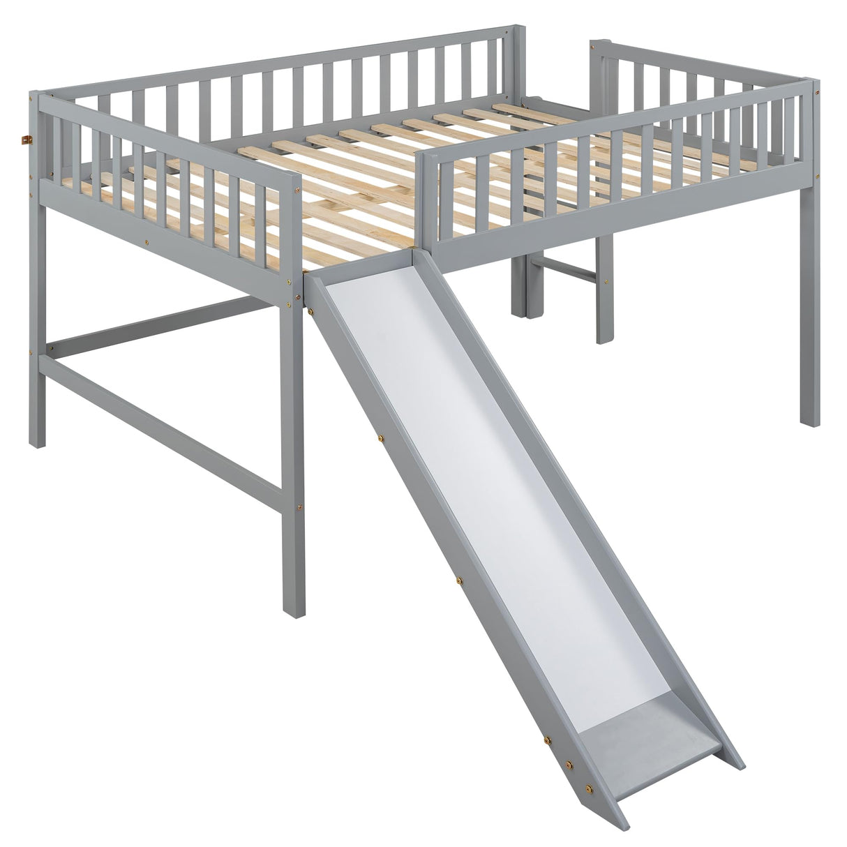 Full Size Low Loft Bed with Slide, High Guardrail & Ladder,Loft beds with Safety Rails,Wooden Full Loft Bed Frame for Kids,Boys,Girls,No Box Spring Needed.(Gray) Bellemave