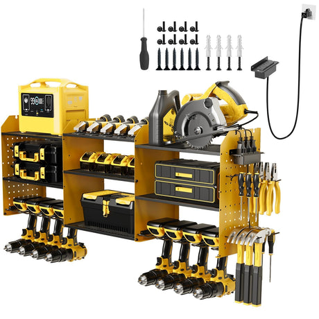 45" Power Tool Organizer Wall Mount with Charging Station - 3 Layer Storage Racks with 8 Cordless Drill Holder, 4 Hooks, Heavy Duty Garage Tool Organizer Storage for Workshop Shed Pegboard Basement Kweetle