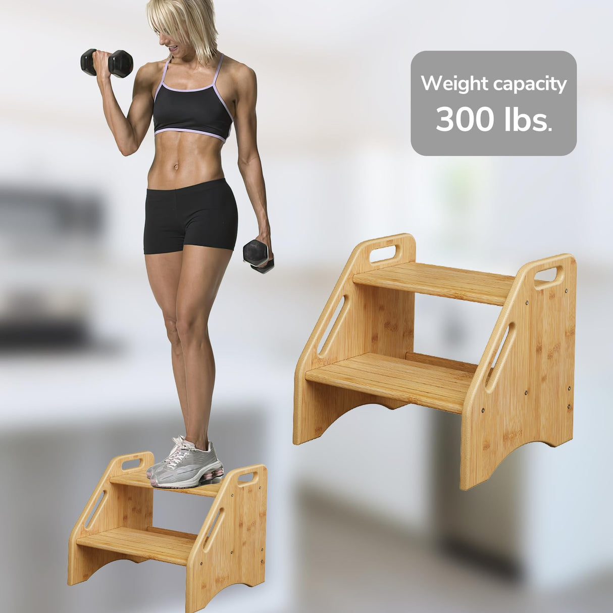 AMBIRD Wooden Step Stool, Two Step Stools Toddler 300 lbs Capacity with Safety Non-Slip Pads and Handles, Bamboo Step Stool for Bathroom, Kitchen Dual Height Step Stools for Kids (Natural) AMBIRD