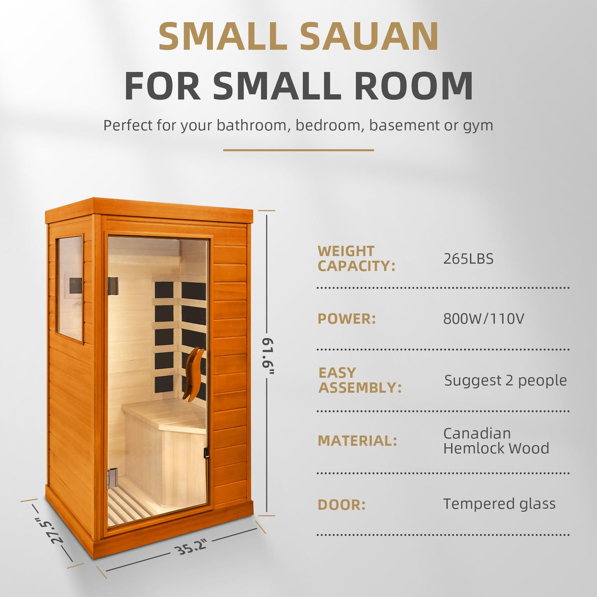 HomeMiYN Far Infrared Saunas for Home, 1 Person Canadian Hemlock Wood Low EMF Dry Sauna Room Indoor Mini Personal Sauna with Carbon Heaters, Control Panel, Bluetooth Speakers, 800W/110V HomeMiYN