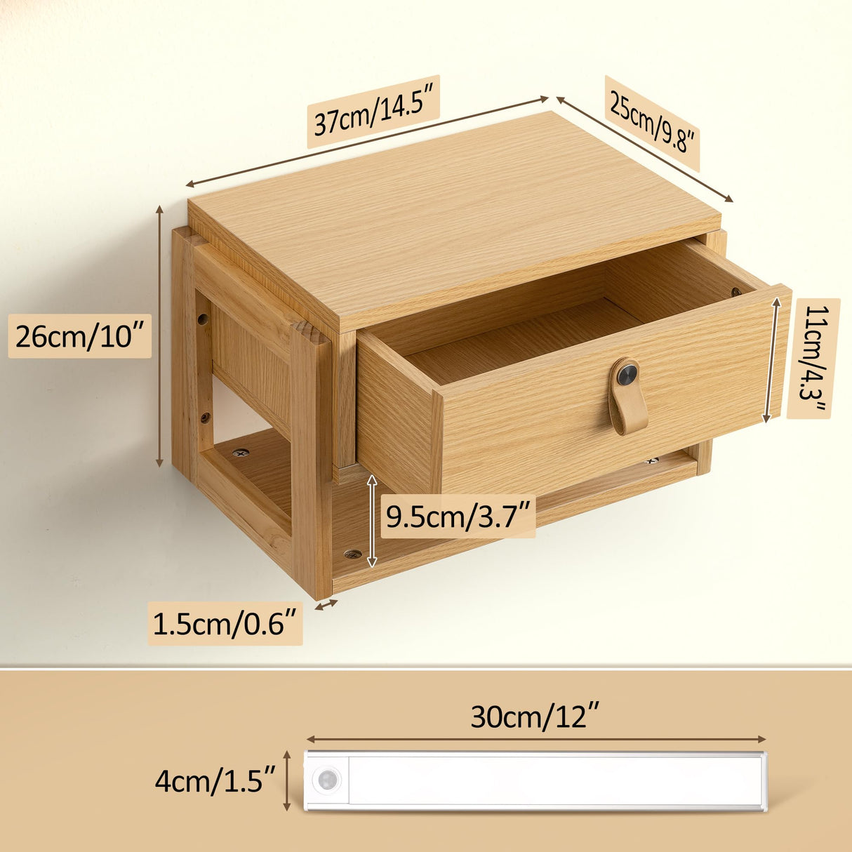 Afuly Floating Nightstand with LED Light Strips, Modern Night Stand with Drawer Wall Mounted Bedside End Table, Wood Nightstand Side Table Shelf for Bedroom Natural Wooden Decor Afuly