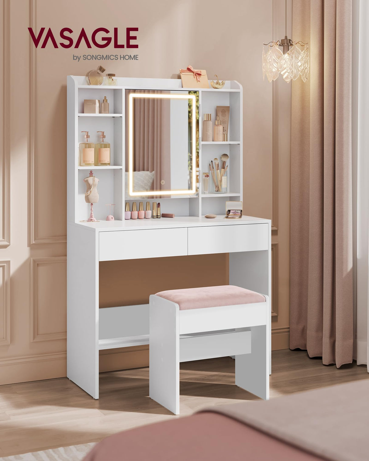 VASAGLE Vanity Desk with Mirror and Lights, Makeup Vanity with Upholstered Vanity Stool, Dimmable LED Lights, Adjustable Shelves, 7 Compartments, 2 Drawers, for Bedroom, Cloud White URDT131W01 VASAGLE