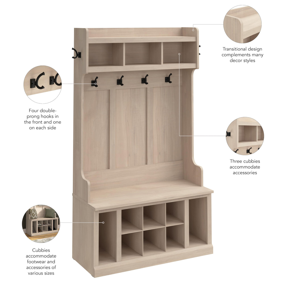 Bush Furniture Woodland 40W Hall Tree and Shoe Storage Bench with Shelves in White Washed Maple | Foyer, Mudroom, Entryway Organizer Bush Business Furniture