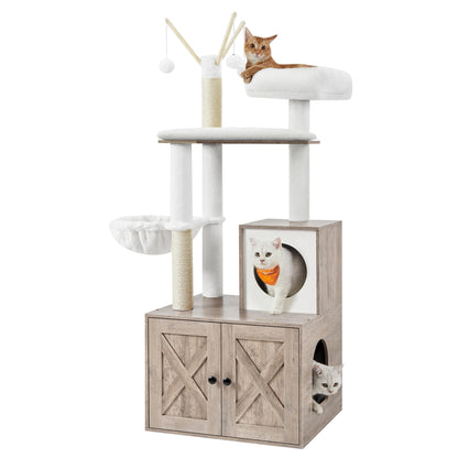 Feandrea Cat Tree with Litter Box Enclosure, 2-in-1 Modern Cat Tower, 54.3-Inch Cat Condo with Scratching Posts, Removable Pompom Sticks, Greige UPCT113G01 - WoodArtSupply