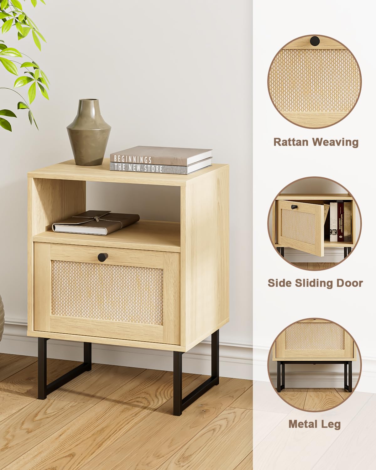 Acodaiuy Rattan Night Stand, Modern Boho Nightstand with Storage Drawer, Wood Bedside Table with Open Shelf, Side End Table for Bedroom,Living Room,Oak Acodaiuy