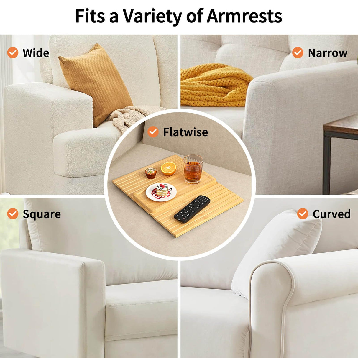 Bamboo Sofa Arm Tray Table - Couch Arm Tray with Extra Removable Tray, Anti-Slip Sofa Armrest Tray, Large Couch Cup Holder Tray for Phone, Cups, Remote, Flexible and Foldable xinyoec