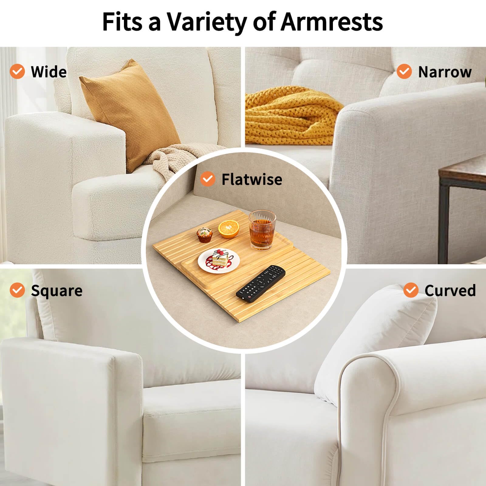 Bamboo Sofa Arm Tray Table - Couch Arm Tray with Extra Removable Tray, Anti-Slip Sofa Armrest Tray, Large Couch Cup Holder Tray for Phone, Cups, Remote, Flexible and Foldable - WoodArtSupply