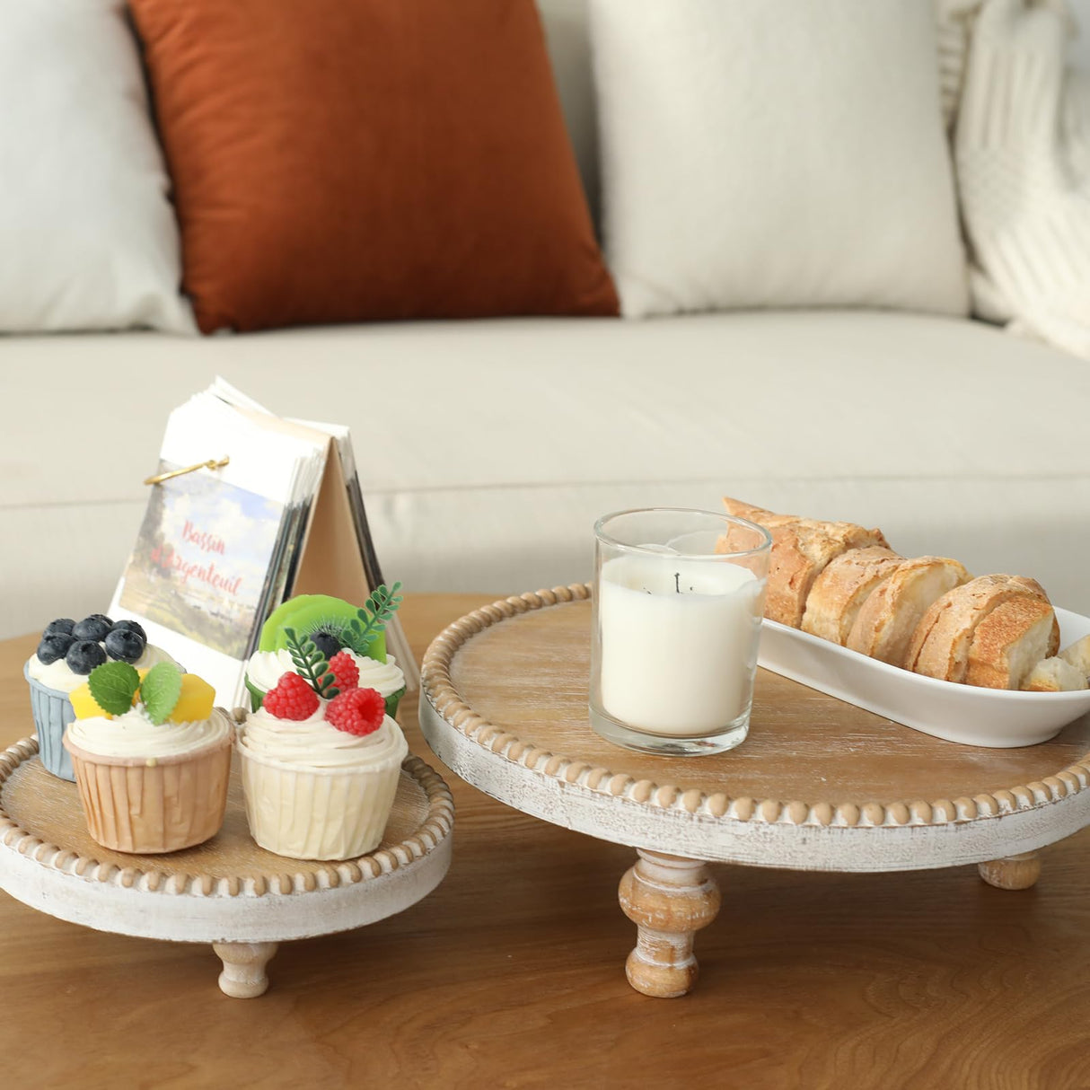 SwallowLiving Rustic Set of 2 Round Wood Tray Riser Farmhouse Pedestal Stand with Beaded Edge for Decor Wooden Finish Cupcake Display for Cakes and Decorative Items 11.8/7.5 inches SwallowLiving