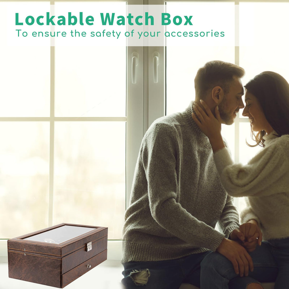 TomCare Watch Box 2-Tier Watch Case Jewelry Organizer Box with Thick Glass Lid Lockable Watch Organizer Jewelry Display Holder Sunglass Rings Necklaces Bracelets Storage Organizer for Men Women,Brown TomCare