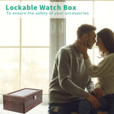 TomCare Watch Box 2-Tier Watch Case Jewelry Organizer Box with Thick Glass Lid Lockable Watch Organizer Jewelry Display Holder Sunglass Rings Necklaces Bracelets Storage Organizer for Men Women,Brown TomCare