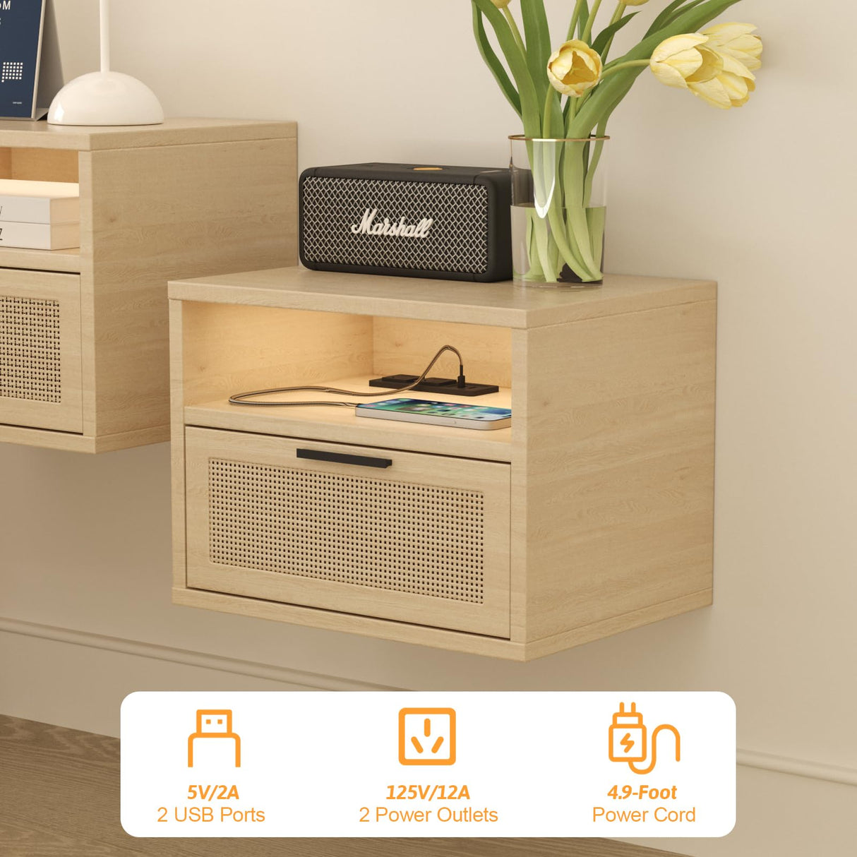 Floating nightstand Set of 2 with USB Ports, outlets, and led Light Strip – Modern Wall-Mounted nightstands with Oak and Rattan Design (Floating nightstand Set of 2) iyrany