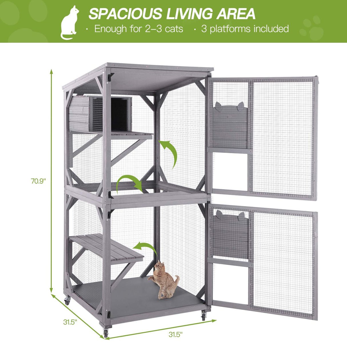 GUTINNEEN Cat House Outdoor Cage Cat Enclosure on Wheels,Large Wooden Kitty Catio with Resting Box,PVC Layer GUTINNEEN