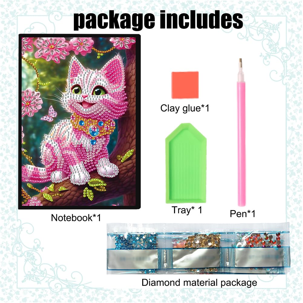5D Diamond Art Painting Notebook Kits 50 Pages A5 Special Shaped Pink Cat Pattern Diamond Inlaid Handmade Notepad Drill Painting Wireless Strip Diary Book Birthdays Gifts for Teens Generic