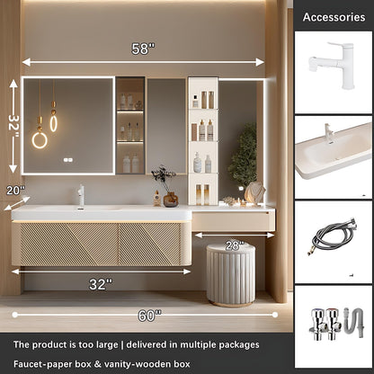 ZGNBSD Floating Bathroom Vanity with Sink - Luxury Bathroom Vanity | LED Smart Defogging Medicine Cabinet Included | Solid Wood Bathroom Vanity | Add Makeup Area (60")