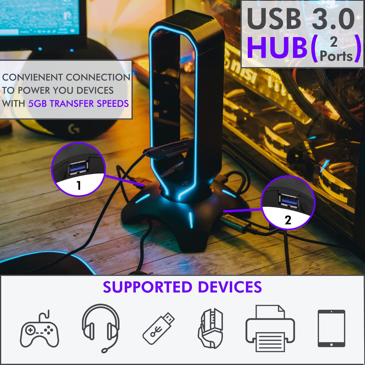 Tilted Nation RGB Headset Stand and Gaming Headphone Stand for Desk Display with Mouse Bungee Cord Holder with USB 3.0 Hub for Xbox, PS4, PC - Perfect Gaming Accessories Gift Tilted Nation