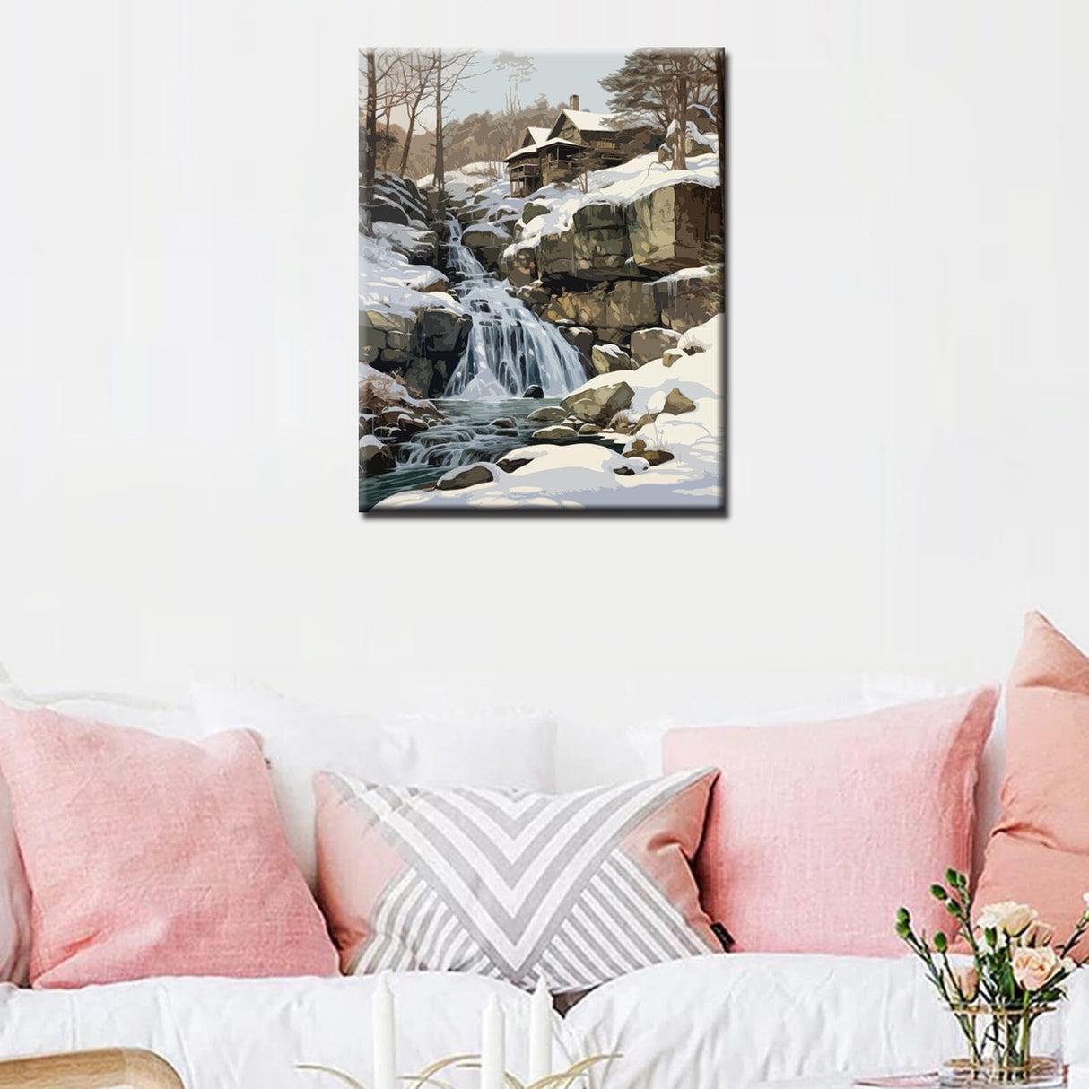 Winter Forest Waterfalls Scenery Paint by Numbers Kits 16x20 inch Canvas DIY Oil Painting for Kids, Students, Adults Beginner with Brushes and Acrylic Pigment Abstract Landscape Gift(without Frame) Tucocoo