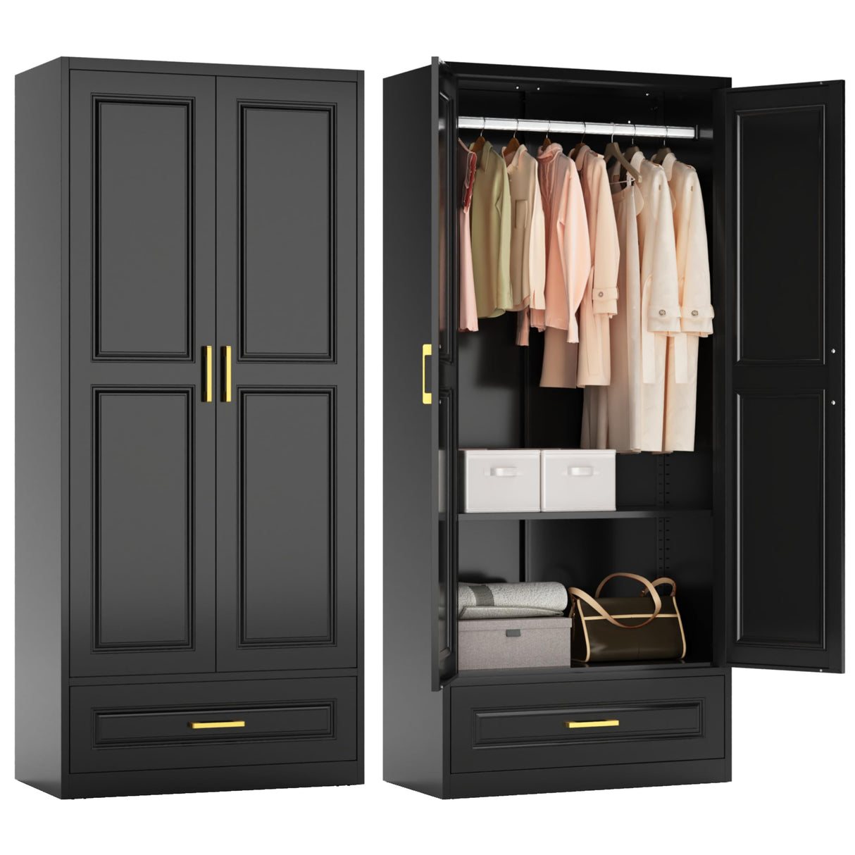 Polup Metal Armoire Wardrobe Closet with Drawer, 71“ Tall Wardrobe with Doors and Shelves, Metal Wardrobes Closet with Hanging Rod, for Bedroom, Black, Assembly Required Polup