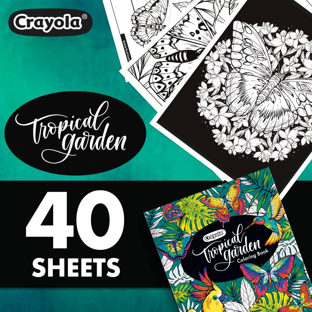 Crayola Tropical Garden Adult Coloring Book (40pgs), Adult Coloring Pages, Stress Relief Activity, Gift for Teens & Adults, 9+ Crayola