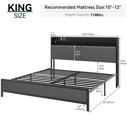 YITAHOME King Size LED Bed Frame with Storage Headboard & Charging Station – Grey Platform Upholstered Design - WoodArtSupply