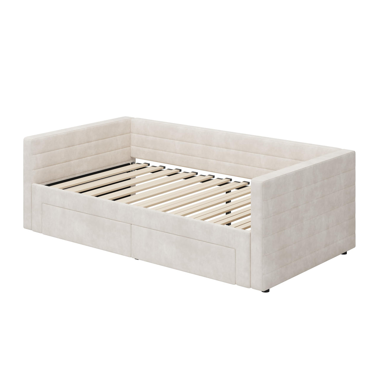 Twin Size Upholstered Extendable Daybed Frame with Trundle, Space-Saving Twin to King Design, Chenille Fabric Sofa Bed with Storage Drawers for Living Room Guest Room, Beige Merax