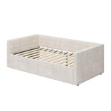 Twin Size Upholstered Extendable Daybed Frame with Trundle, Space-Saving Twin to King Design, Chenille Fabric Sofa Bed with Storage Drawers for Living Room Guest Room, Beige Merax
