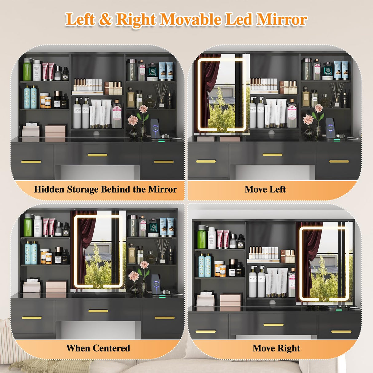 47'' W Large Vanity Desk with Mirror and Lights, 8 Storage Shelves 7 Drawers Vanity Table, Big Makeup Vanity Desk with 3 Lighting Modes, Vanity Dresser with Charging Station, Sliding Mirror (Black) knoworld