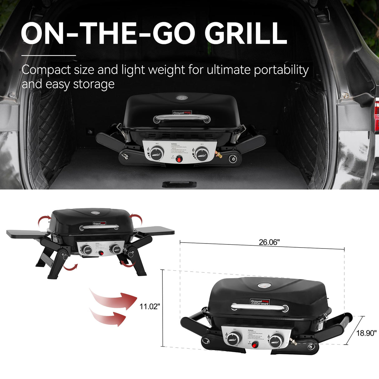 Royal Gourmet GT2005 2-Burner Portable Propane Gas Grill with Foldable Side Tables & Foldable Support Legs, Tabletop Gas Grill with Warming Rack for for Outdoor Cooking & Grilling, Black Royal Gourmet