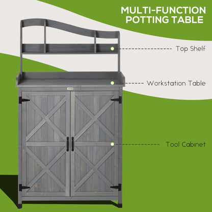 Outsunny Potting Bench Table, Outdoor Storage Cabinet, Multi-function Gardening Bench, Wooden Planting Workstation with Magnetic Doors, for Yard Tools or Pool Accessories, Gray - WoodArtSupply