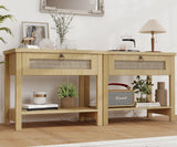 Large Night Stand Set of 2, Bedside Table with Drawers and Open Shelf, Farmhouse Bedroom Nightstand with Charging Station, 27.5" Wide Boho Rattan Side Table for Bedroom, Living Room Arbcoler